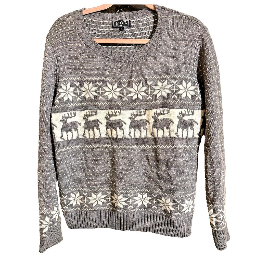 POL Gray Fair Isle Reindeer Crew Neck Sweater sz L cottagecore